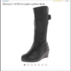 CROCS Women's Black A-Leigh Leather Wedge Knee Boot